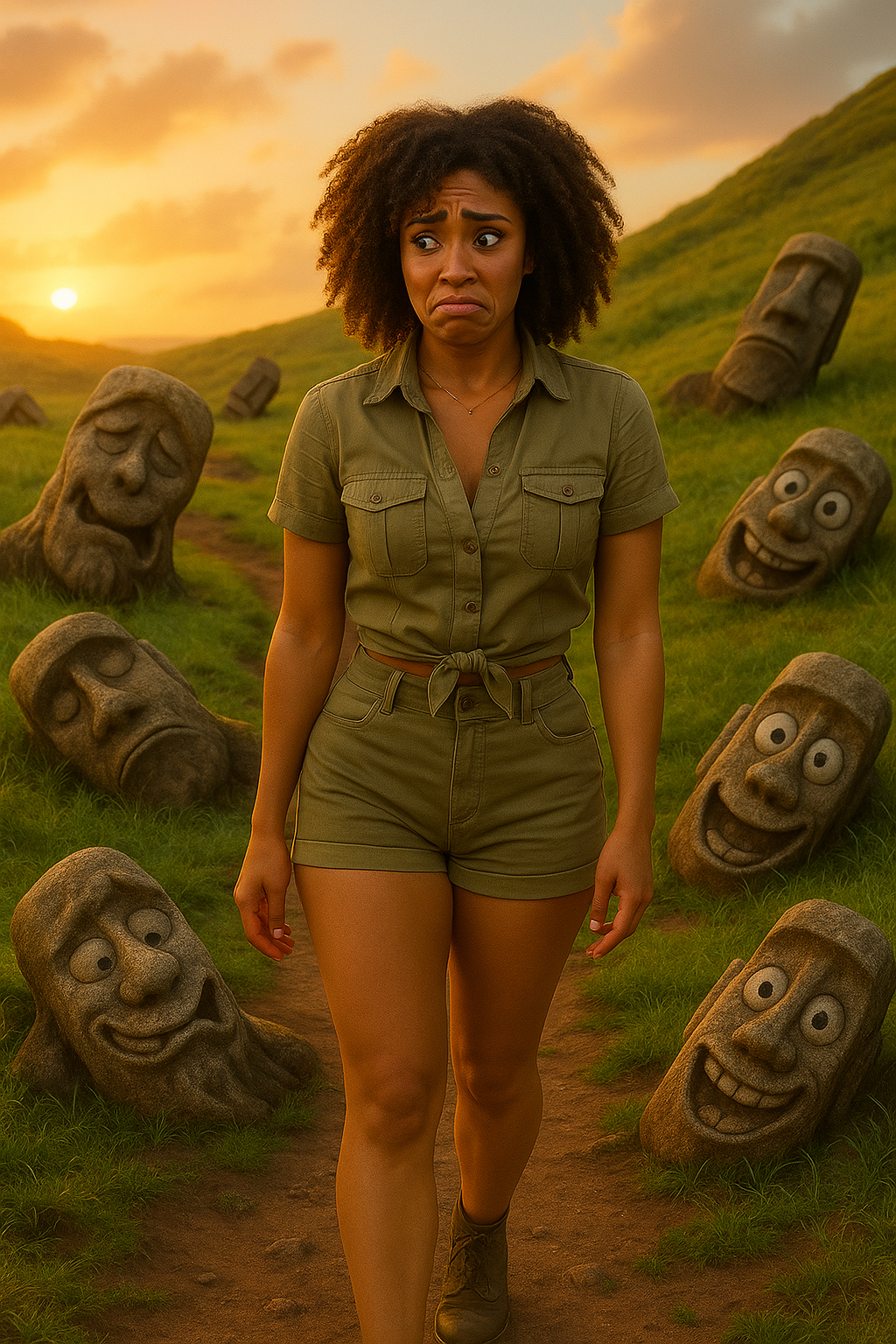 Jenna Beck making a funny face as smiling Moai statues seem smitten
